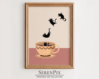 Funny Cat Coffee Print: Minimalist Kitchen Art (Digital Download)