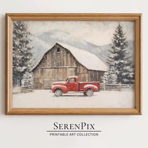 Winter Barn Red Truck Art Print: Rustic Christmas Decor (Digital Art)