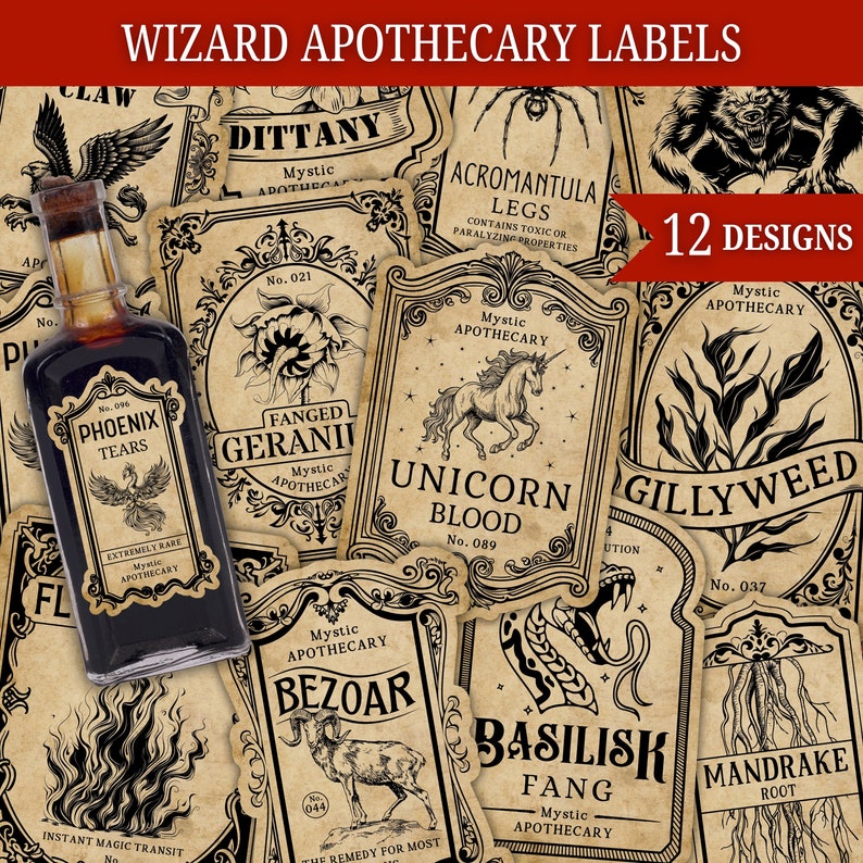 Set of 12 vintage apothecary potion labels for glass bottles, featuring detailed black ink illustrations on aged parchment paper. Gothic typography and mystical alchemist ingredients, perfect for Dark Academia home decor, wizard party supplies, and witchy aesthetic craft projects.