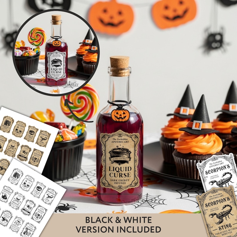 May include: A clear glass bottle with a cork stopper filled with dark purple liquid, featuring a label that reads The Forbidden Apothecary Liquid Curse Dark Energy Infused, adorned with a small orange pumpkin charm on a black cord around the neck.