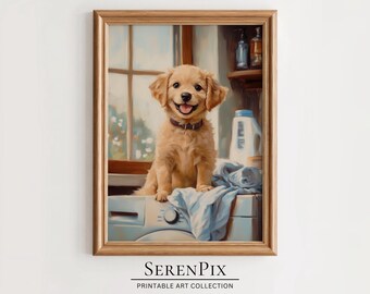 Golden Retriever Laundry Room Art: Vintage Style Pet Painting (Digital Download)