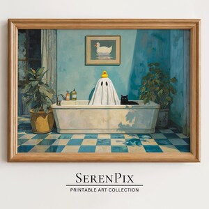 Funny Ghost in Bathtub Print: Halloween Bathroom Art (Digital Art)