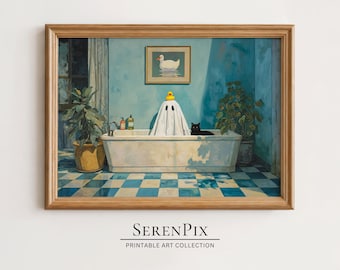 Funny Ghost in Bathtub Print: Halloween Bathroom Art (Digital Art)