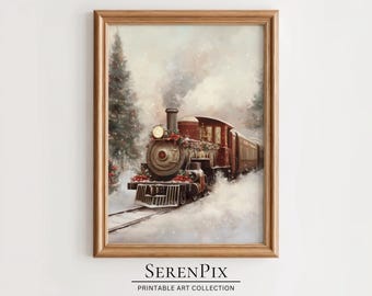 Vintage Christmas Train Art Print: Snowy Village Decor (Digital Art)