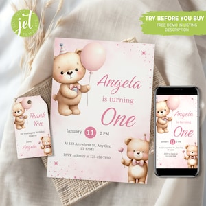Modello modificabile per invito di compleanno a tema orsetto, invito per orsetto, 1° compleanno, invito per bambina, modello stampabile, etichetta di ringraziamento, digitale