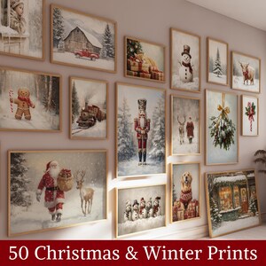 May include: A collection of 50 framed Christmas and winter-themed prints. The prints feature various holiday scenes, including a gingerbread man, a snowman, a nutcracker, and a winter wonderland.