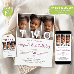 Editable 2nd Birthday Invitation Template: Minimalist Photo Design (Digital)
