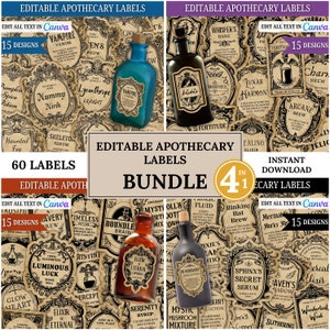 Bearbeitbares Vintage Apothekeretiketten-Bundle, Zaubertranketiketten, Flaschenetikettenaufkleber, Hexenapotheke, Halloween-Dekorgebräu, Zaubererparty