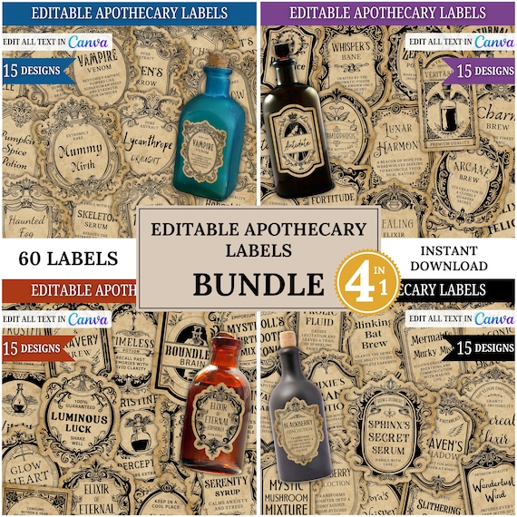 Editable Apothecary Labels Bundle, Canva Template, Witch Potion Bottle Labels, Vintage Jar Stickers, Halloween Decor Spooky Labels