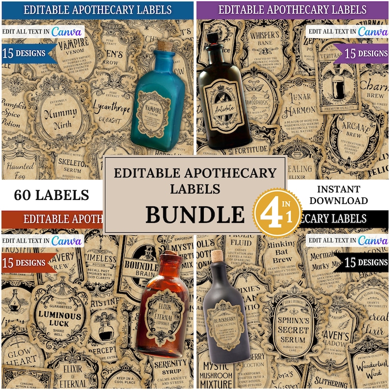 A digital bundle of 60 vintage editable apothecary and potion bottle labels with ornate Victorian frames on rustic parchment. Includes 3D glass potion jars in dark amber, blue, and black. Perfect for Halloween decor, gothic apothecary displays, potion bottles, and wizard party favors. These templates are fully customizable and quick to edit in Canva—easily change text, fonts, and sizes in minutes, then print at home for instant witchy and dark academia paper crafts.