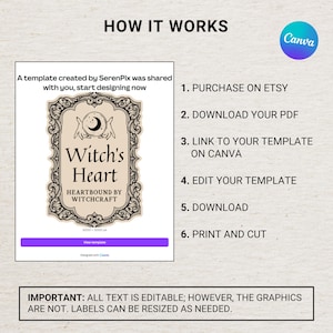 May include: A digital template titled "Witch's Heart" with a decorative frame, moon and stars graphic, and the text "Heartbound by Witchcraft." Instructions include purchasing on Etsy, downloading a PDF, and editing on Canva.