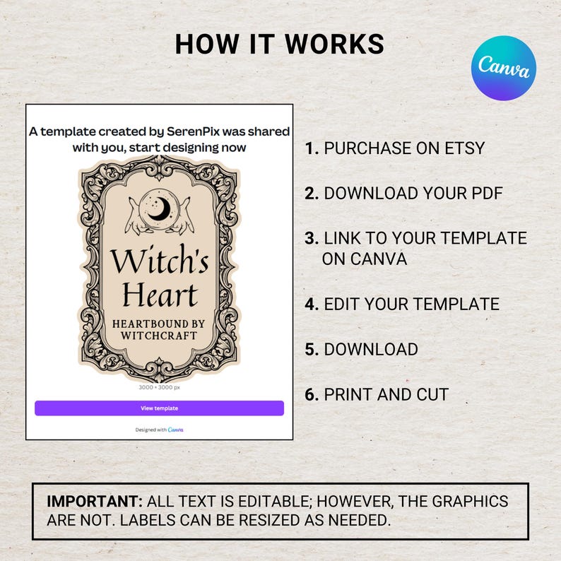May include: A digital template titled "Witch's Heart" with a decorative frame, moon and stars graphic, and the text "Heartbound by Witchcraft." Instructions include purchasing on Etsy, downloading a PDF, and editing on Canva.