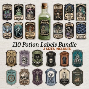 Può includere: Un set di 110 etichette per pozioni con illustrazioni e testo vintage, tra cui etichette per "Pickled Fairy Wings", "Dragonfire Resin" e "Black Cat Hisses". Le etichette sono disponibili in tre dimensioni.