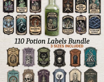 May include: A collection of 110 potion labels with various designs, including labels for "Pickled Fairy Wings," "Dragonfire Resin," and "Black Cat Hisses." The labels are in three sizes and feature vintage-style illustrations and text.