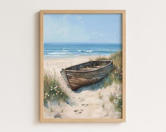Cottagecore Strand Poster: Vintage Holzboot, Küsten Kunstwerk (Digitaler Download