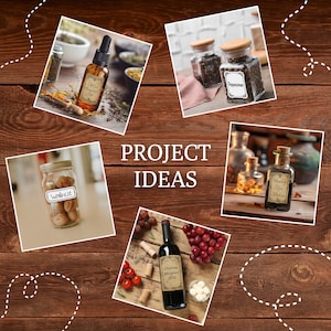Puede incluir: Un collage de im&aacute;genes que muestran varias ideas de proyectos. Las im&aacute;genes incluyen una botella de aceite esencial, un frasco de nueces, una botella de vino y una colecci&oacute;n de peque&ntilde;as botellas de vidrio con etiquetas.