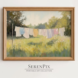 Vintage Clothesline Painting: Rustic Laundry Room Art (Digital Art)