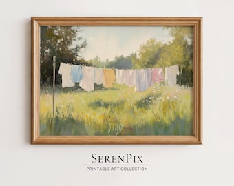Vintage Clothesline Painting: Rustic Laundry Room Art (Digital Art)