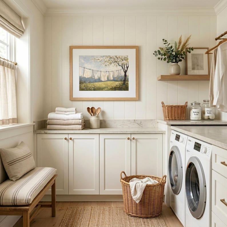 Vintage Laundry Room Wall Art, Rustic Clothesline Painting, Cottagecore Decor, Farmhouse Spring, Country Washroom Art (Digital Download) image 7