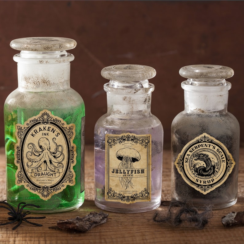 May include: Three glass bottles with vintage labels. The bottles are filled with green, purple, and black liquids. The labels feature illustrations of a kraken, a jellyfish, and a sea serpent. The labels also include the text "Kraken's Ink Draught", "Jellyfish Juice", and "Sea Serpent's Scale Syrup".