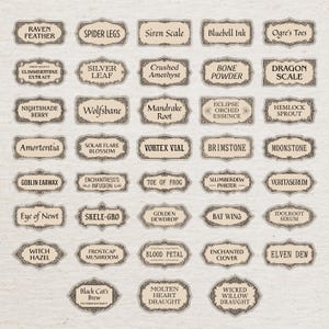May include: A collection of vintage-style labels with botanical and fantasy-themed names. Each label features ornate borders and text such as "Raven Feather," "Spider Legs," and "Witch Hazel." The labels are arranged on a textured, off-white background.