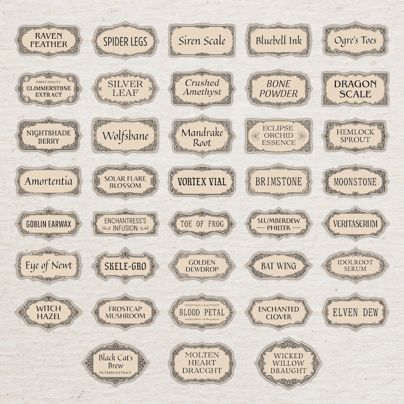 May include: A collection of vintage-style labels with botanical and fantasy-themed names. Each label features ornate borders and text such as "Raven Feather," "Spider Legs," and "Witch Hazel." The labels are arranged on a textured, off-white background.