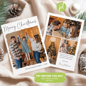 Foto-Weihnachtskartenvorlage, Boho-Feiertagskarte, Minimale Weihnachtskarte, Weihnachtsfotokarte, Familienweihnachtskarte, bearbeitbare Vorlage