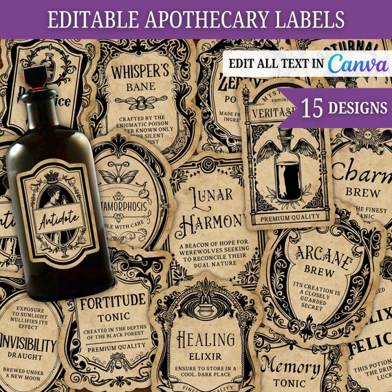 Editable Vintage Apothecary Labels, Wizard Potion Stickers, Printable Halloween Bottle labels, Witchcraft Party Favors (Canva Template)