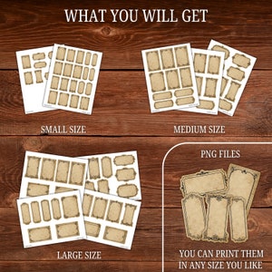 Puede incluir: Un conjunto de etiquetas imprimibles de estilo vintage en tres tama&ntilde;os: peque&ntilde;o, mediano y grande. Las etiquetas son de color beige con un borde marr&oacute;n y un dise&ntilde;o ornamentado. El texto "WHAT YOU WILL GET", "SMALL SIZE", "MEDIUM SIZE", "LARGE SIZE", "PNG FILES" y "YOU CAN PRINT THEM IN ANY SIZE YOU LIKE" es visible en la imagen.