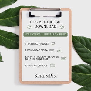 May include: A clipboard with a white paper that says "THIS IS A DIGITAL DOWNLOAD" and instructions for digital prints. The paper is held by a silver clip. The bottom of the paper has the text "SERENPIX".