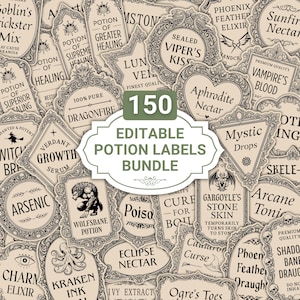 Könnte beinhalten: Eine Sammlung von 150 editierbaren Etiketten für Zaubertränke in verschiedenen Formen und Größen, mit verzierten Rahmen und Schriftarten im Vintage-Stil. Die Etiketten tragen Namen wie "Dragonfire", "Viper's Kiss" und "Aphrodite Nectar".