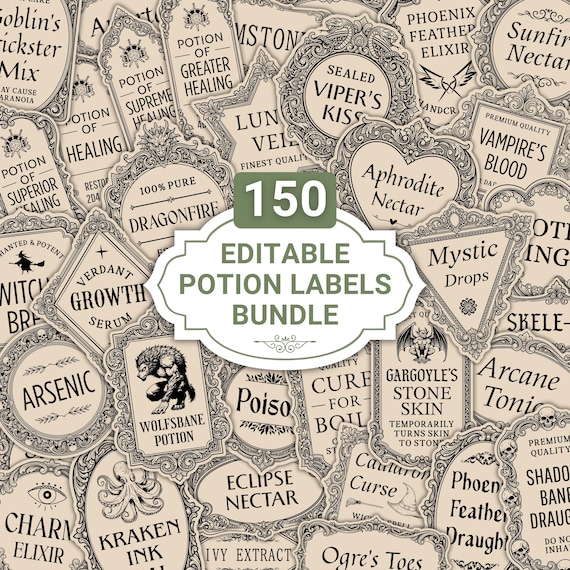 Editable Apothecary Labels Bundle: Potion Stickers, Wizard Party, Witchcraft Tags (Canva Template)