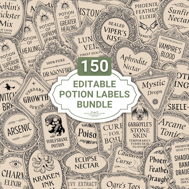 A bundle of 150 editable potion labels for Canva, designed with simple solid backgrounds and ornate magical frames. Each label features wizard, witchcraft, fantasy, or apothecary themes and is fully customizable,change background colors and text in seconds. Ideal for potion bottles, spell jars, party props, crafts, or printable wizard decorations. Instantly downloadable, easy-to-edit PNG files for beginners and experts alike.