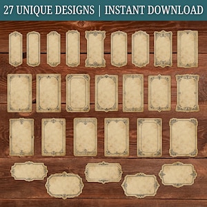 Puede incluir: 27 dise&ntilde;os &uacute;nicos de etiquetas de estilo vintage con marcos ornamentados. Las etiquetas son rectangulares y tienen una textura de papel desgastado y envejecido. Son perfectas para agregar un toque de encanto vintage a tus proyectos.