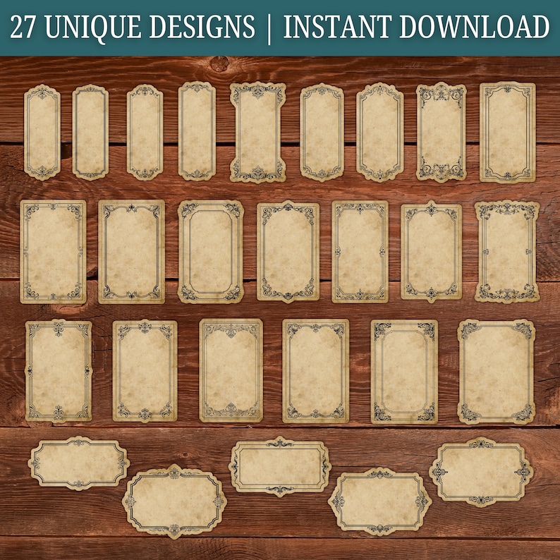 Puede incluir: 27 dise&ntilde;os &uacute;nicos de etiquetas de estilo vintage con marcos ornamentados. Las etiquetas son rectangulares y tienen una textura de papel desgastado y envejecido. Son perfectas para agregar un toque de encanto vintage a tus proyectos.