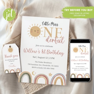 Boho Rainbow 1st Birthday Invitation: Muted Tones (Digital)