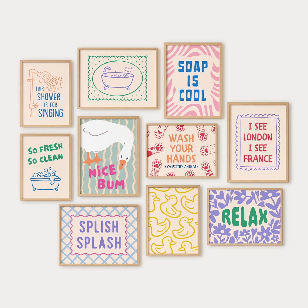 Funny Bathroom Prints Set of 10, Eclectic Gallery Wall Set, Dopamine ...