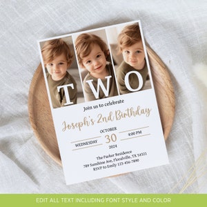 May include: A white invitation card with a photo collage of a young boy. The card says "TWO" in large white letters and "Join us to celebrate Joseph's 2nd Birthday" in gold script. The date and time of the party are listed below, along with the address and RSVP information.