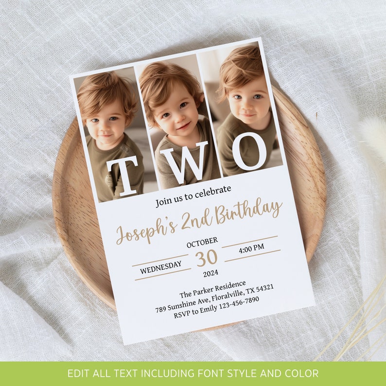 May include: A white invitation card with a photo collage of a young boy. The card says "TWO" in large white letters and "Join us to celebrate Joseph's 2nd Birthday" in gold script. The date and time of the party are listed below, along with the address and RSVP information.