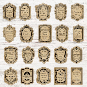 May include: Twenty-four vintage-style potion bottle labels with black and white text on a brown background. The labels feature whimsical names like "Fae's Frolic Fluid", "Pixie's Prank Potion", "Raven's Shadow", and "Wanderlust Wind".