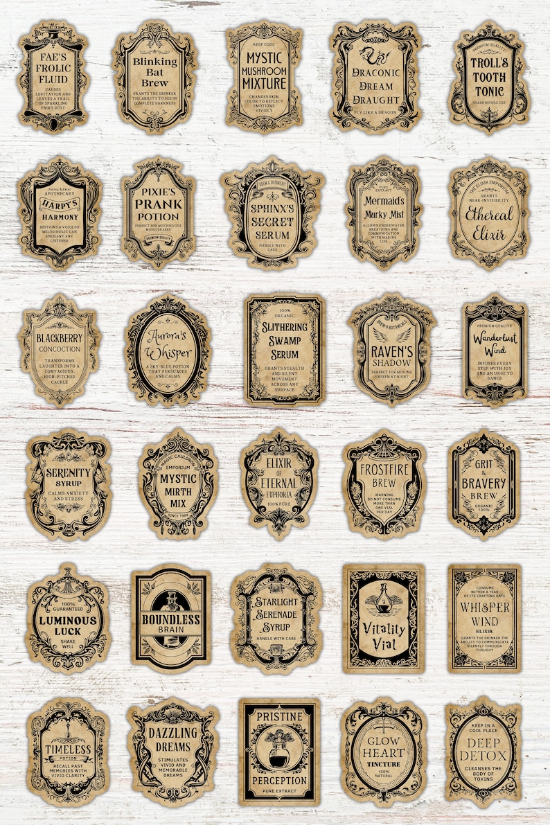 May include: Twenty-four vintage-style potion bottle labels with black and white text on a brown background. The labels feature whimsical names like "Fae's Frolic Fluid", "Pixie's Prank Potion", "Raven's Shadow", and "Wanderlust Wind".
