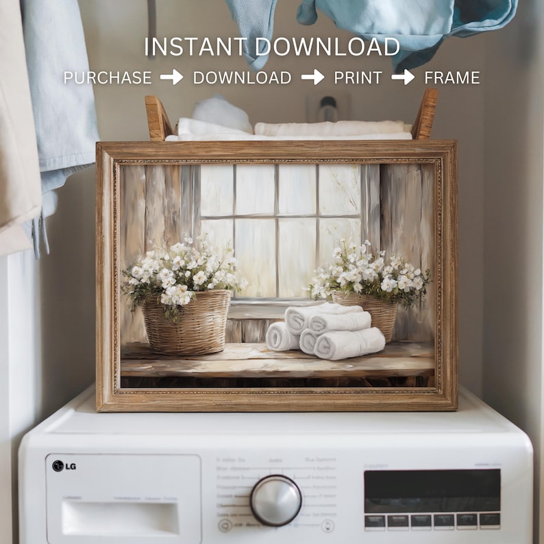 May include: A framed print featuring a rustic scene with a window, baskets of white flowers, and rolled white towels. The text "INSTANT DOWNLOAD" is at the top, with instructions to purchase, download, print, and frame.