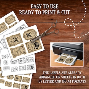 Pu&ograve; includere: Fogli stampati di etichette in stile vintage con disegni botanici e fantasy, che escono da una stampante nera. Le etichette sono disposte su fogli in formato US Letter e ISO A4. Il testo sull'immagine recita "EASY TO USE READY TO PRINT & CUT".