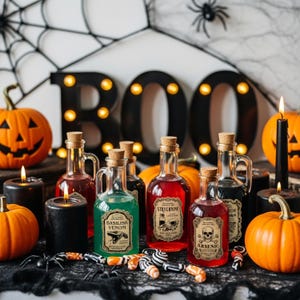 May include: A collection of glass apothecary bottles with cork stoppers, filled with red, green, and black liquids. Each bottle features a vintage-style label with text including Basilisk Venom, Strychnine, and Arsenic, surrounded by pumpkins and candles.