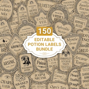 Könnte beinhalten: Eine Sammlung von 150 editierbaren Etiketten für Zaubertränke mit Vintage-Designs. Die Etiketten tragen Namen wie "Dragonfire", "Viper's" und "Aphrodite Nectar". Die Etiketten sind in verschiedenen Formen und Größen gehalten, mit einem beige-braunen Farbschema.