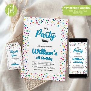 Modelo de convite de aniversário com confete editável, cartão de convite colorido, vamos festejar, modelo para impressão, festa de aniversário de adolescente, etiqueta de agradecimento