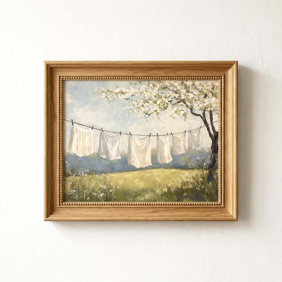 Vintage Laundry Room Wall Art, Rustic Clothesline Painting, Cottagecore Decor, Farmhouse Spring, Country Washroom Art (Digital Download)