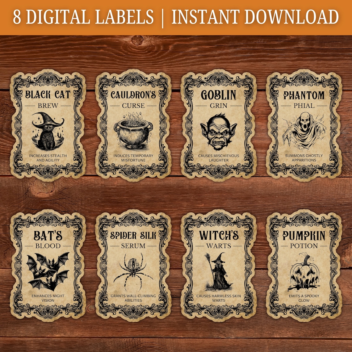 Halloween Potion Labels: Vintage Witch Brew Apothecary Jar Tags