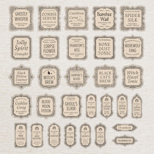 May include: A collection of vintage-style potion labels with ornate borders and various names like "Ghostly Whisper" and "Zombie Serum." The labels feature gothic fonts and are designed for a Halloween or apothecary theme.