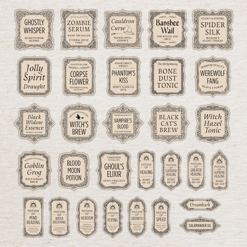 May include: A collection of vintage-style potion labels with ornate borders and various names like "Ghostly Whisper" and "Zombie Serum." The labels feature gothic fonts and are designed for a Halloween or apothecary theme.